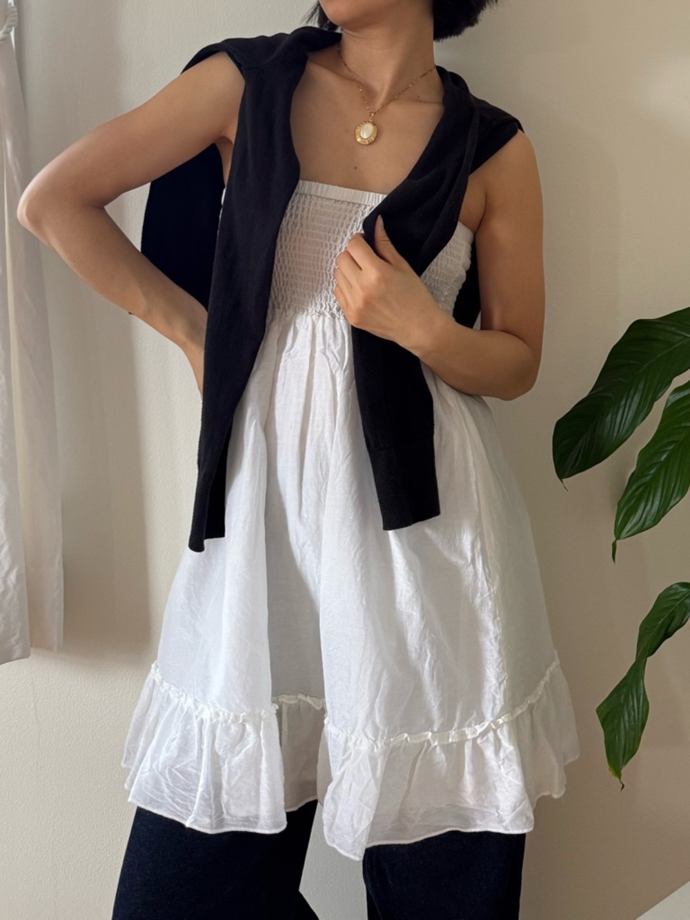 2B Bebe Y2K Cotton Silk Blend Strapless Smocked White Tube Top Dress Size M